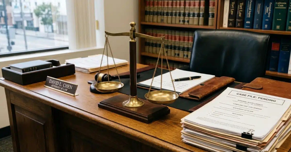 Scales of justice beside a gavel and legal documents on a wooden desk representing a pending personal injury lawsuit
