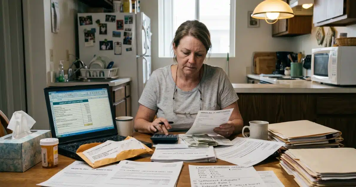 Person reviewing financial documents and bills at a kitchen table, calculating lawsuit costs and pre-settlement funding options