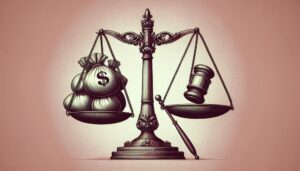 Illustration of a scale with money bags on one side and a gavel on the other