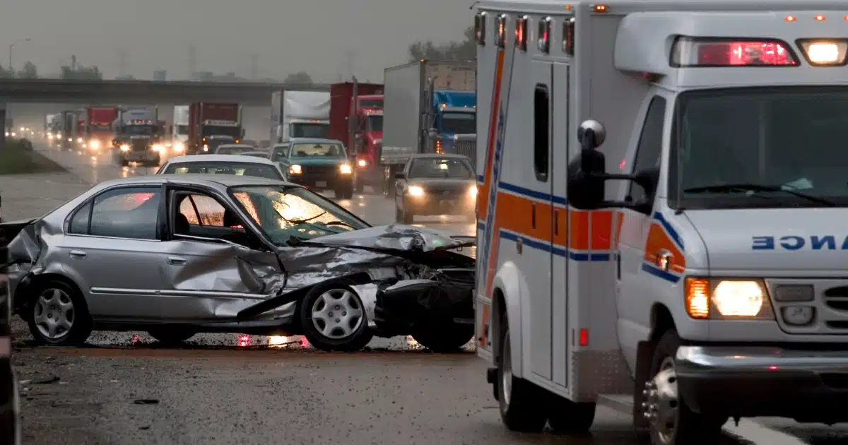 California car accident scene with ambulance - pre-settlement funding for auto accident injury lawsuits