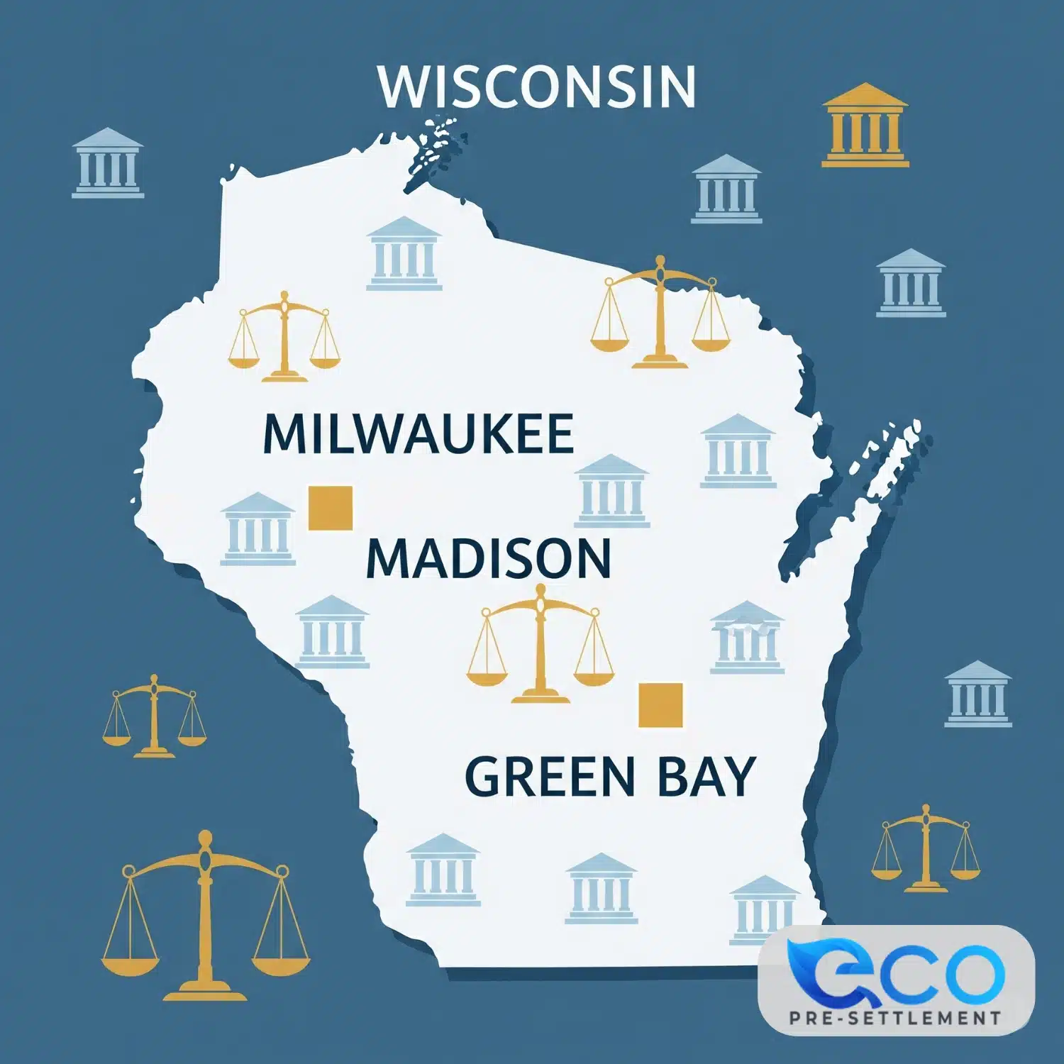 Map showing Wisconsin cities served by ECO legal funding including Milwaukee, Madison, and Green Bay pre-settlement loans