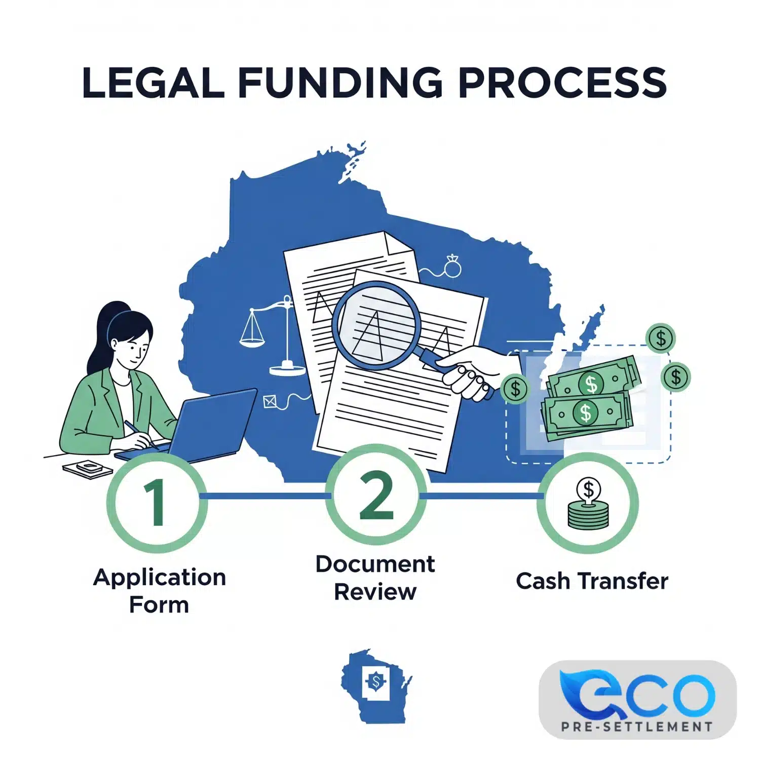 Wisconsin legal funding process showing three simple steps from application to funding approval for lawsuit loans