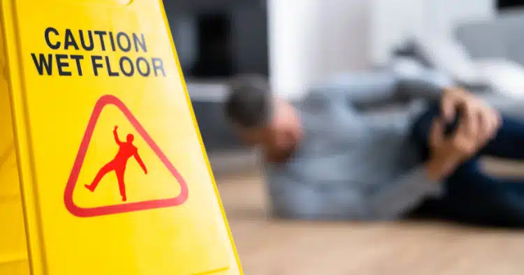 NJ Slip Fall Wet floor caution sign with slip and fall accident representing premises liability cases in New Jersey