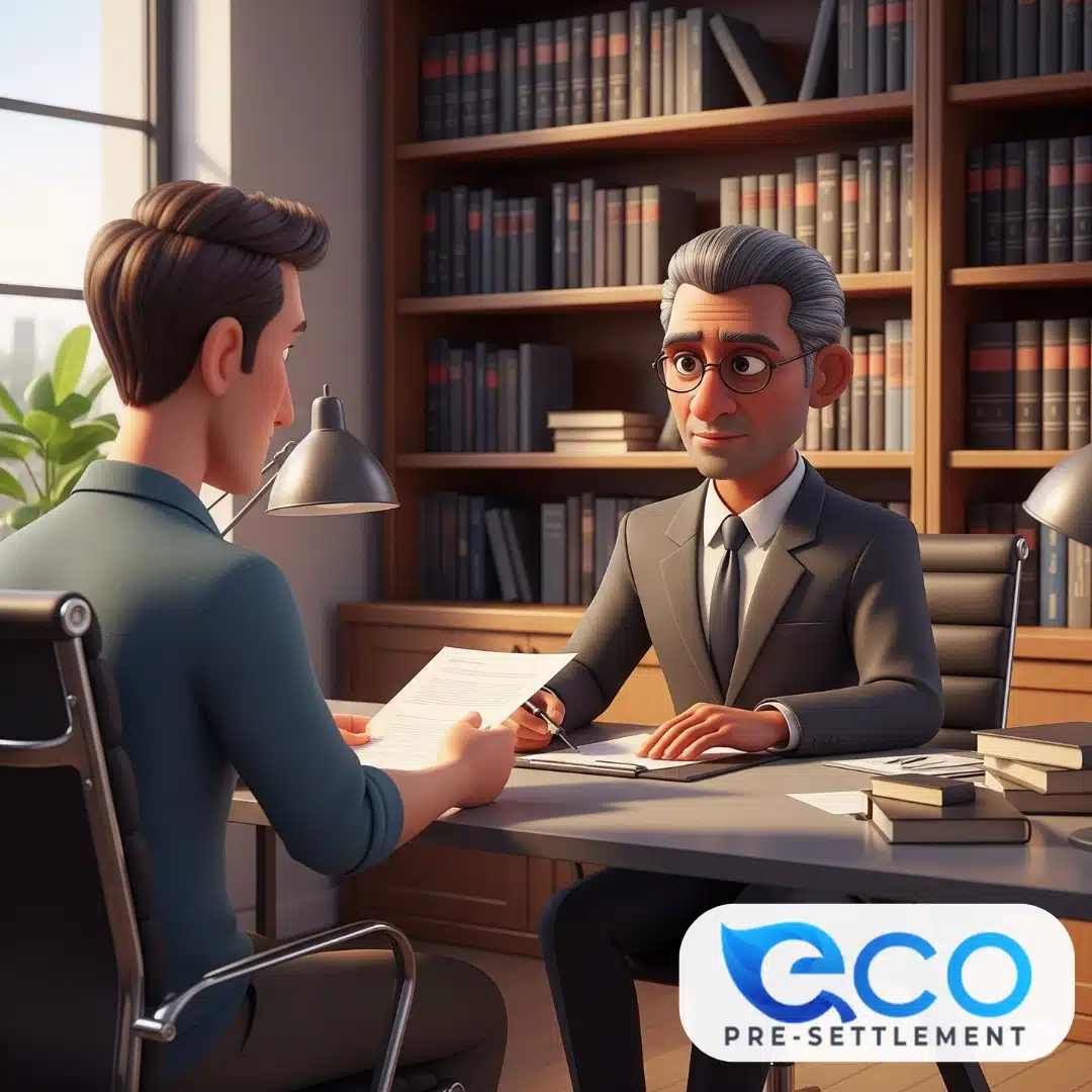 Attorney consulting with client about pre-settlement funding company reviews and legal funding options for pending lawsuit