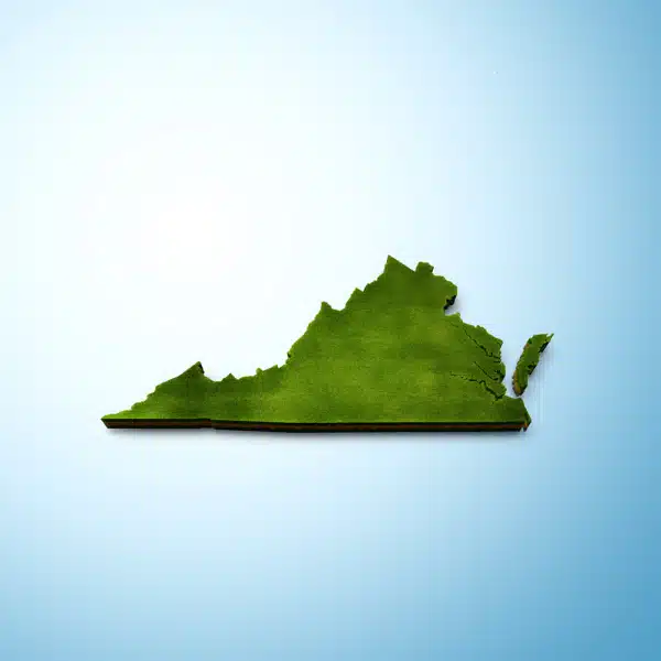 Virginia state map outline showing coverage area for pre-settlement funding and lawsuit loans