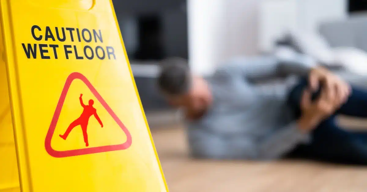 Wet floor caution sign with slip and fall accident victim eligible for pre-settlement funding