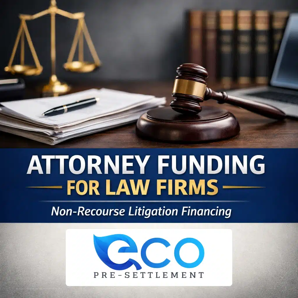 Featured image showing legal documents, a gavel, and scales of justice representing attorney funding for law firms through non-recourse litigation finance used to manage case costs and law firm cash flow during pending lawsuits.