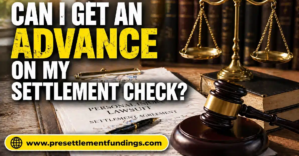 An injured person sitting at home reviews cash from a pre-settlement funding advance, legal documents in the background