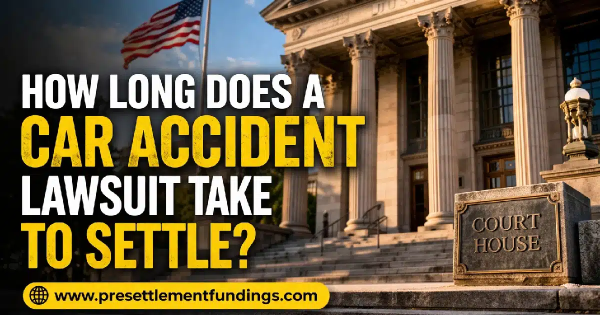 A courthouse entrance with columns and an American flag, representing the legal process of a car accident lawsuit