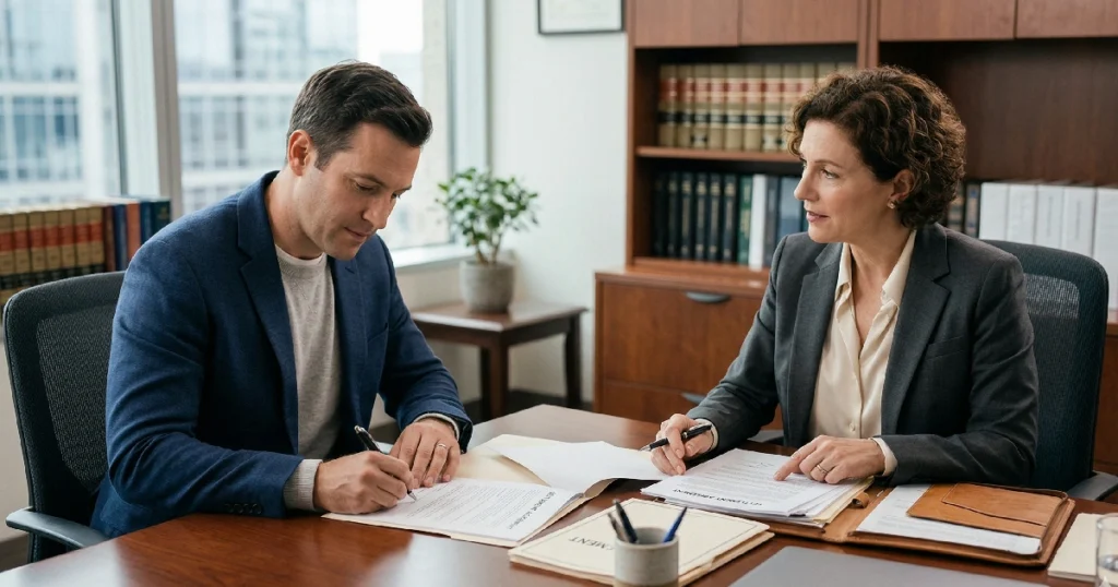 Car accident victim signing settlement agreement with personal injury attorney